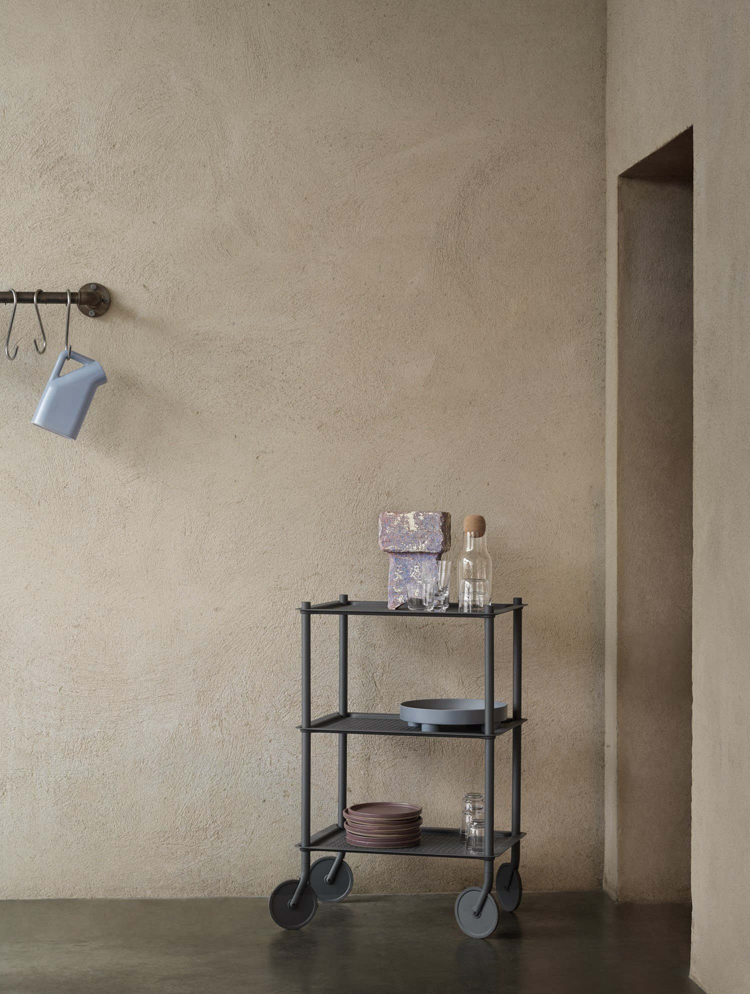 Flow Trolley in Blue-Grey, Tub Jug in Pale Blue, Corky Carafe in Clear, Raise Glasses in Clear, Platform Tray in Blue-Grey Flow Trolley in Blue-Grey, Tub Jug in Pale Blue, Corky Carafe in Clear, Raise Glasses in Clear, Platform Tray in Blue-Grey