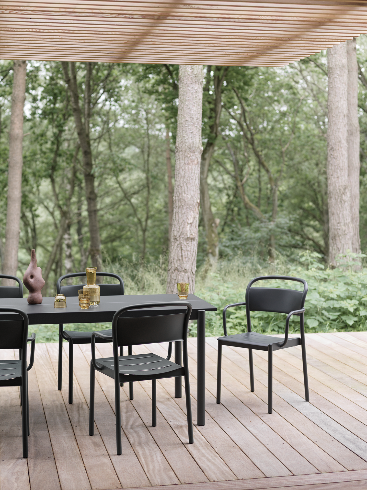 Linear Steel Table & Armchair in Black - Raise Carafe & Glasses in Burnt Orange